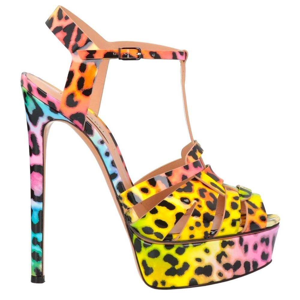 CASADEI FLORA Leopard Colorful Patent Leather Platform Sandal Heels EU 38.5 NEW